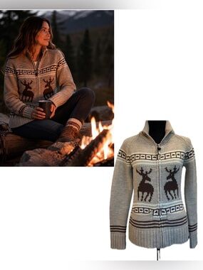 TRIPLE Five Soul beige brown reindeer Zipup jacket wool sweater Sz S